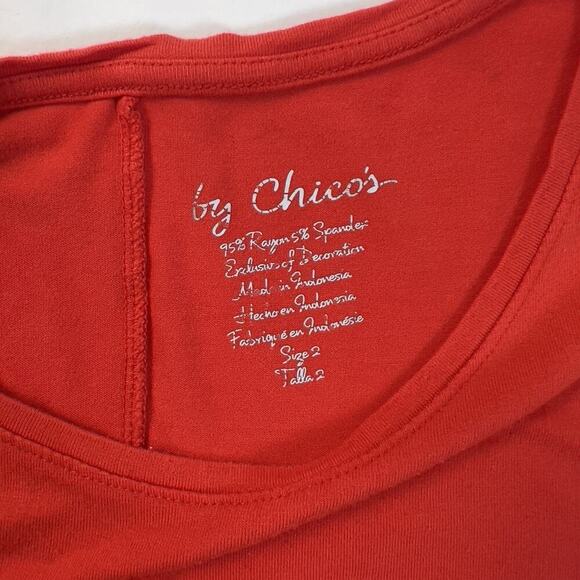 Chico's Red Orange Tunic Top Size 2 Lace Trim Hi-Lo Asymmetrical Hem 3/4 Sleeve - Picture 4 of 8